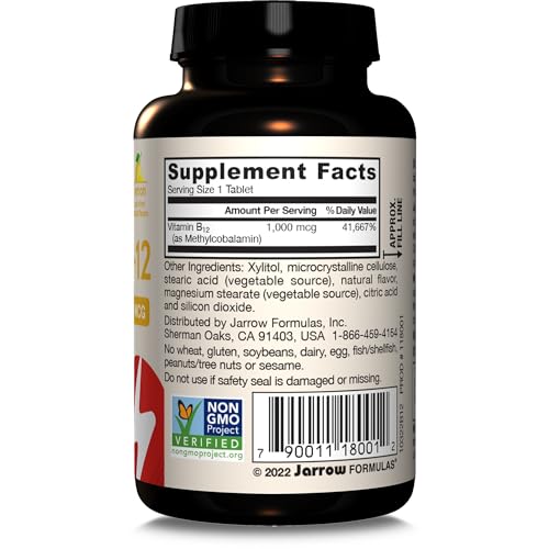 Jarrow Formulas Extra Strength Methyl B-12, Dietary Supplement for Cellular Energy Production, 100 Lemon-Flavored Chewable Tablets, Up to a 100 Day Supply, Pack of 12