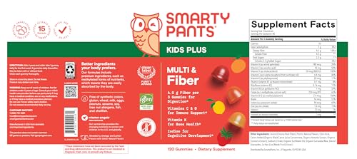 SmartyPants Kids Multivitamin & Fiber Gummies: Prebiotic Fiber to Support Kids Digestion with Vitamin D3, C, Vitamin B12, B6, A, Zinc, Biotin, Folate, Three Fruit Flavors, 90 Count (30 Day Supply)
