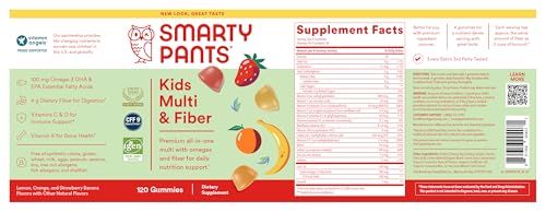 SmartyPants Kids Multivitamin & Fiber Gummies: Prebiotic Fiber to Support Kids Digestion with Vitamin D3, C, Vitamin B12, B6, A, Zinc, Biotin, Folate, Three Fruit Flavors, 90 Count (30 Day Supply)