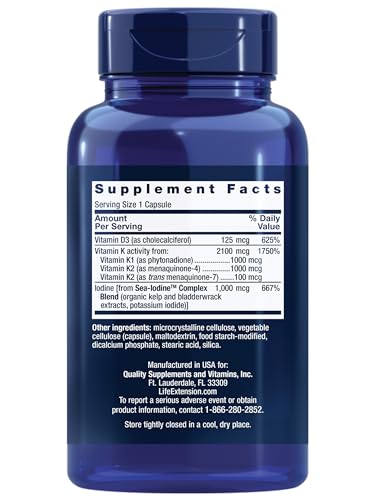 Life Extension Vitamins D and K with SeaIodine Bone Brain Thyroid Arterial Support Non GMO Once Daily Gluten Free, 60 Count