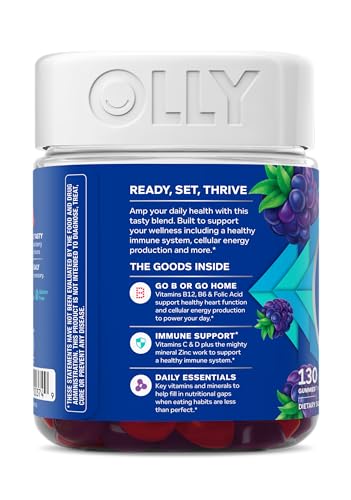 OLLY Men's Multi Gummies, Supports Overall Wellness,* Vitamins A, C, D, E, Bs & Zinc, BlackBerry Blitz Flavored, 65 Day Supply - 130 Count