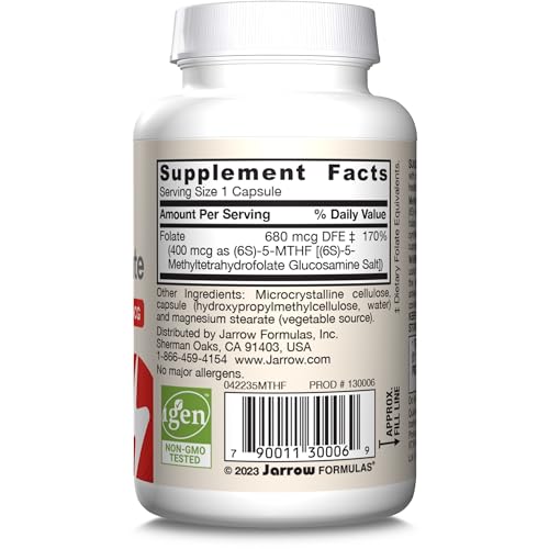 Jarrow Formulas Extra Strength Methyl Folate 400 mcg, Dietary Supplement for Cardiovascular and Neurologic Health Support, 60 Veggie Capsules, 60 Day Supply (Pack of 12)