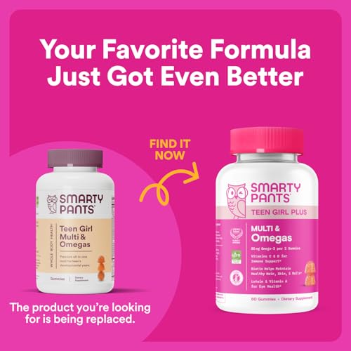 SmartyPants Teen Girl Multivitamin Gummies - Improved Formula: Omega 3 (DHA/EPA), Vitamin C, D3, B12, Vitamin A, K & Zinc, Biotin to Support Hair, Skin & Nails, Gluten Free, 60 Count (30 Day Supply)