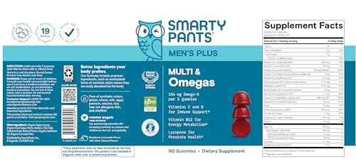 SmartyPants Multivitamin for Men, Organic Gummies: Methylfolate, Omega 3 (ALA), Vitamin D3, C, Vitamin B12, B6, A, K & Zinc for Immune Support, Biotin, Vegetarian, 120 Gummies (30 Day Supply)