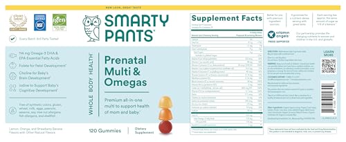 SmartyPants Prenatal Multivitamin Gummies - Improved Formula: Omega 3 (DHA/EPA), Methylfolate, Biotin, Vitamin D3, C, Vitamin B12, B6, Vitamin A, K & Zinc, Gluten Free, 120 Count (40 Day Supply)