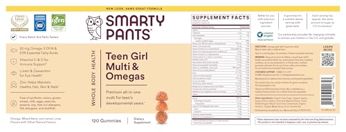 SmartyPants Teen Girl Multivitamin Gummies - Improved Formula: Omega 3 (DHA/EPA), Vitamin C, D3, B12, Vitamin A, K & Zinc, Biotin to Support Hair, Skin & Nails, Gluten Free, 60 Count (30 Day Supply)