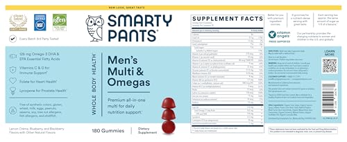 SmartyPants Multivitamin for Men, Organic Gummies: Methylfolate, Omega 3 (ALA), Vitamin D3, C, Vitamin B12, B6, A, K & Zinc for Immune Support, Biotin, Vegetarian, 120 Gummies (30 Day Supply)