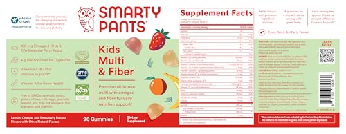 SmartyPants Kids Multivitamin & Fiber Gummies: Prebiotic Fiber to Support Kids Digestion with Vitamin D3, C, Vitamin B12, B6, A, Zinc, Biotin, Folate, Three Fruit Flavors, 90 Count (30 Day Supply)