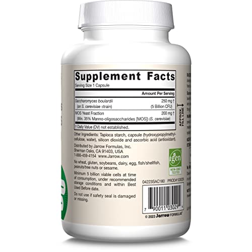 Jarrow Formulas Saccharomyces Boulardii + MOS Probiotics for Digestive Health and Intestinal Tract Support - 5 Billion CFU Per Serving - 90 Delayed Release Caps - Probiotic + Prebiotic - 90 Servings