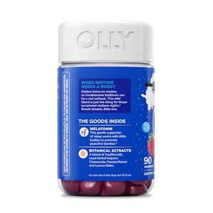 OLLY Kids Sleep Gummy, Occasional Sleep Support, 0.5mg Melatonin, L Theanine, Chamomile, and Lemon Balm Extracts, Childrens Chewable Supplement, Raspberry Flavor - 90 Count