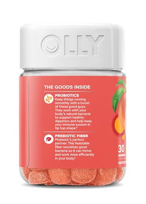 OLLY Probiotic + Prebiotic Gummy, Digestive Support and Gut Health, 500 Million CFUs, Fiber, Adult Chewable Supplement for Men and Women, Peach, 60 Day Supply - 60 Count