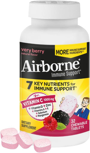 Airborne Vitamin C 1000mg (per Serving) Very Berry Chewable Tablets (32 Count in a Box), Gluten-Free Immune Support Supplement, with Vitamins A C E, ZINC, Selenium, Echinacea & Ginger, Antioxidants