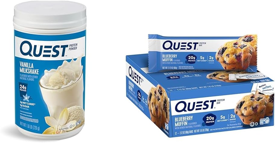 Quest Vanilla Milkshake Protein Powder with 24g Protein, Blueberry Muffin Protein Bars with 21g Protein, 1.6lb Powder, 12 Count Bars