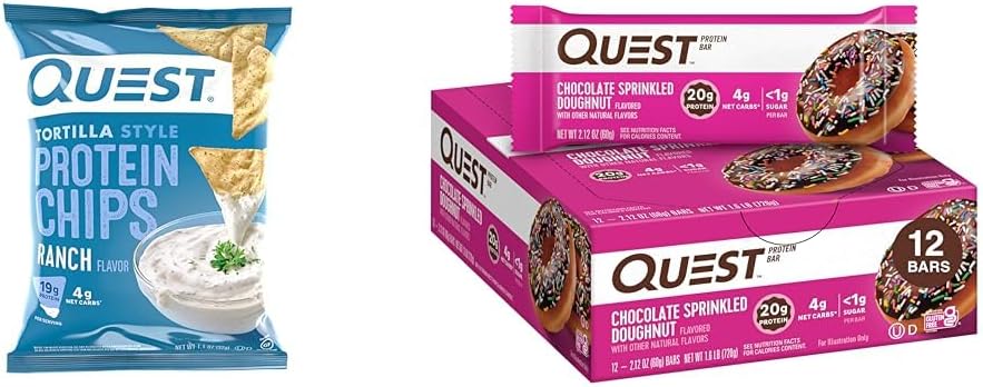 Quest Tortilla Style Protein Chips (Pack of 12) and Chocolate Sprinkled Doughnut Protein Bars (12 Count) Bundle