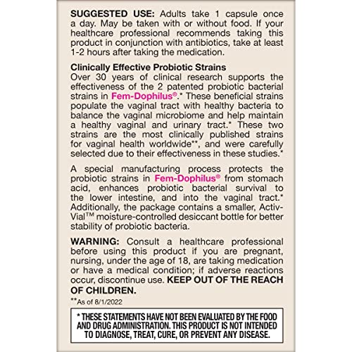 Jarrow Formulas Fem-Dophilus Probiotics 1 Billion CFU with 2 Science-Backed Strains, Dietary Suppl for Vaginal and Urinary Tract Supp,60 Veggie Caps,Up to a 60 Day Supply, Shelf-Stable,12 Packs