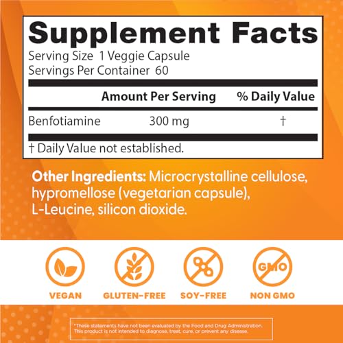 Doctor's Best Benfotiamine 300 with BenfoPure, Helps Maintain Healthy Glucose Metabolism, Non-GMO, Vegan, Gluten Free, Soy Free, 300 mg, 60 Veggie Caps
