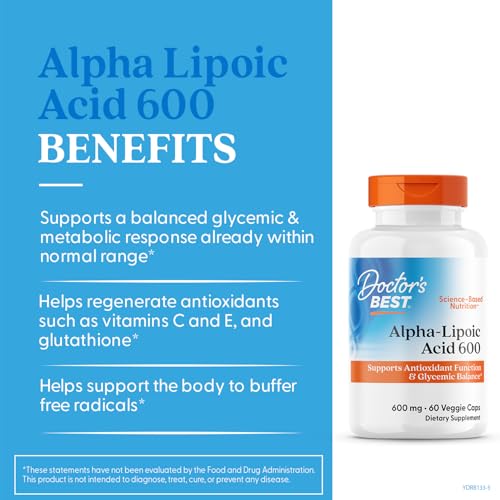 Doctor's Best Alpha-Lipoic Acid 600, Supports Antioxidant Function & Glycemic Balances, Non-GMO, Gluten Free, Vegan, Soy Free, 600 mg, 60 Veggie Caps