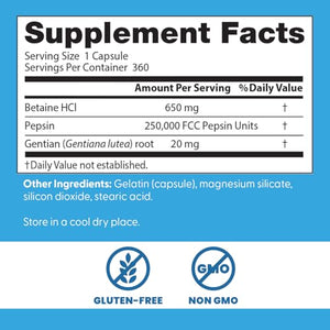 Doctor's Best Betaine HCI Pepsin & Gentian Bitters, Digestive Enzymes for Protein Breakdown & Absorption, Non-GMO, Gluten Free, 360 Count (Pack of 1)
