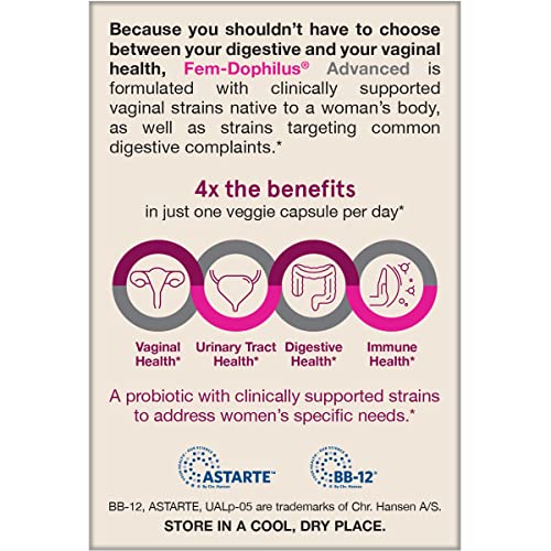 Jarrow Formulas Fem-Dophilus Advanced Probiotics 10 Billion CFU with 6 Science-Backed Strains, for Vaginal, Urinary Tract, Digestive, and Immune Support, 30 Veggie Capsules, Shelf-Stable, Pack of 12