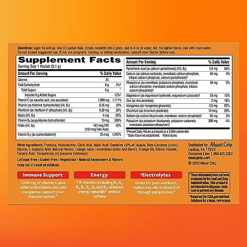 Emergen-C 1000mg Vitamin C Powder for Daily Immune Support Caffeine Free Vitamin C Supplements with Zinc and Manganese, B Vitamins and Electrolytes, Super Orange Flavor - 60 Count/2 Month Supply