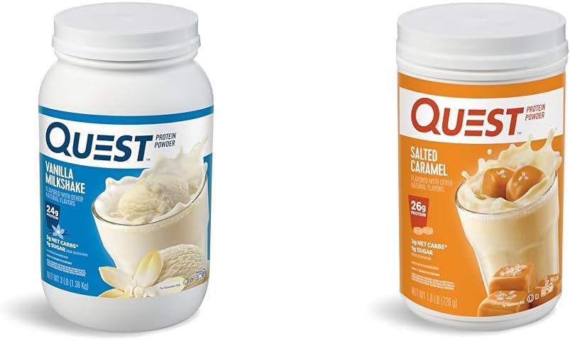 Quest Nutrition Vanilla Milkshake Protein Powder, 24g of Protein, 1g of Sugar, Low Carb, Gluten Free, 3 Pound, 43 servings & Salted Caramel Protein Powder; 26g Protein; 1g Sugar; Low Carb; Gluten Free