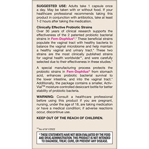 Jarrow Formulas Fem-Dophilus Probiotics 1 Billion CFU with 2 Science-Backed Strains, Dietary Suppl for Vaginal and Urinary Tract Supp,60 Veggie Caps,Up to a 60 Day Supply, Shelf-Stable,12 Packs