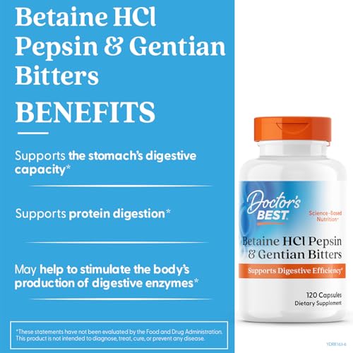 Doctor's Best Betaine HCI Pepsin & Gentian Bitters, Digestive Enzymes for Protein Breakdown & Absorption, Non-GMO, Gluten Free, 360 Count (Pack of 1)