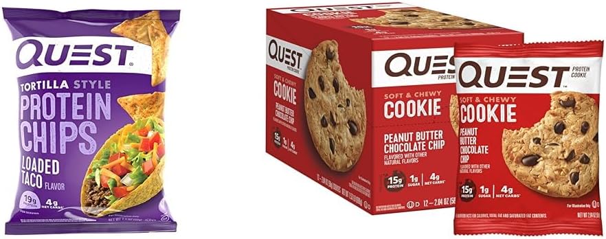 Quest Tortilla Protein Chips, Loaded Taco, Gluten Free, Pack of 12 & Peanut Butter Chocolate Chip Protein Cookies, Keto, Pack of 1 Bundle