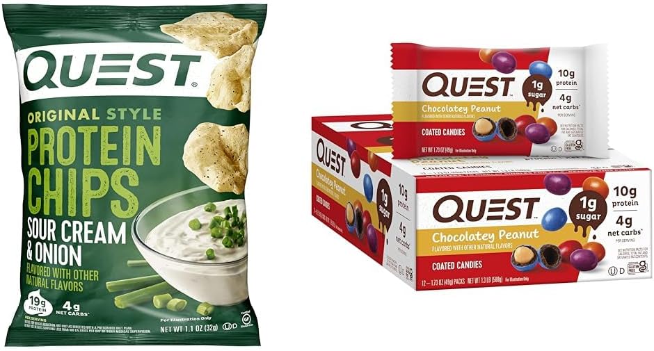 Quest Protein Chips, Sour Cream & Onion, Pack of 12 & Chocolatey Peanut Coated Candies, 1g Sugar, 10g Protein, 12 Count