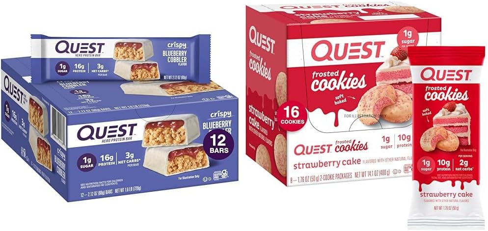 Quest Nutrition Crispy Blueberry Cobbler Hero Protein Bar 16g Protein Twin Pack Strawberry Cake Frosted Cookies 1g Sugar 10g Protein Gluten Free