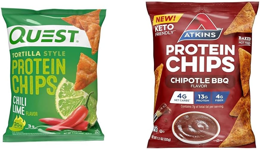 Quest Chili Lime & Atkins Chipotle BBQ Protein Chips Bundle, 20g & 13g Protein Per Serving, 12 Count Each