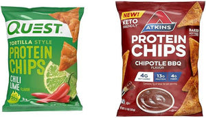 Quest Chili Lime & Atkins Chipotle BBQ Protein Chips Bundle, 20g & 13g Protein Per Serving, 12 Count Each