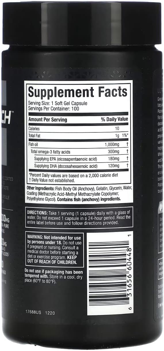 Omega 3 Fish Oil Capsules MuscleTech 100% Omega Fish Oil Burpless Fish Oil Supplement Omega 3 Fatty Acid Supplement Fish Oil 1000mg Pills, 100 Count