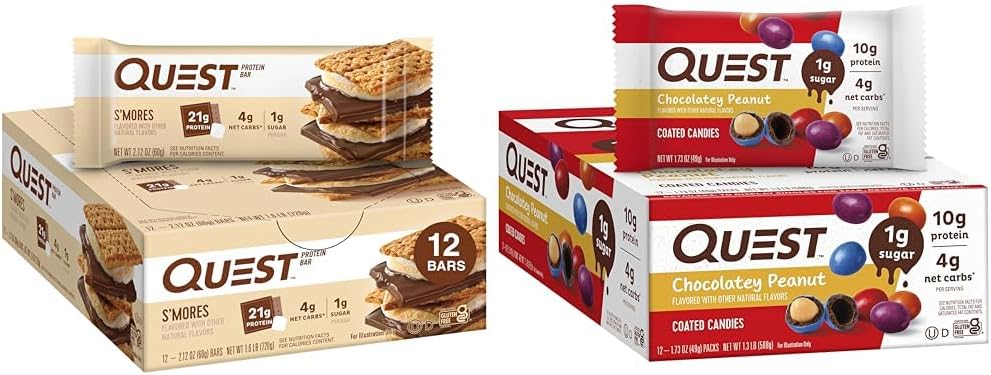 Quest Protein Bars (12 Count) and Chocolatey Peanut Protein Coated Candies (12 Count) Bundle
