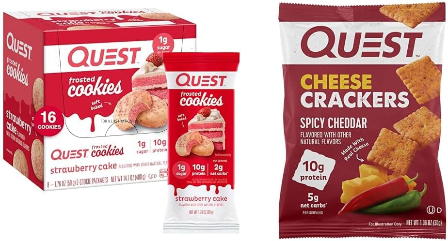 Quest Nutrition Frosted Strawberry Cake Cookies & Spicy Cheddar Cheese Crackers Bundle, 16 Cookies & 12 Bags