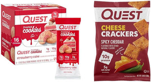 Quest Nutrition Frosted Strawberry Cake Cookies & Spicy Cheddar Cheese Crackers Bundle, 16 Cookies & 12 Bags