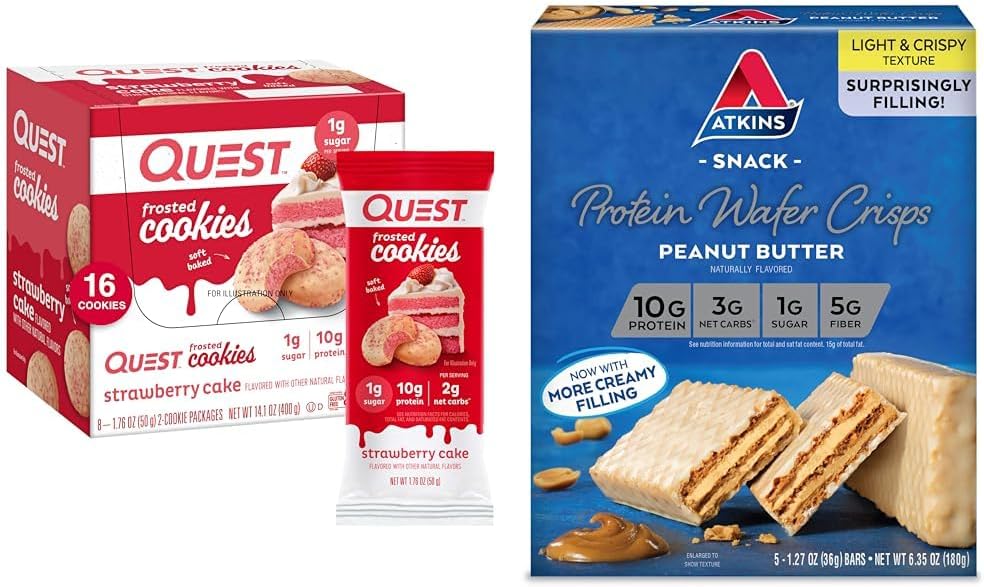 Quest Nutrition Frosted Strawberry Cake Cookies & Atkins Peanut Butter Protein Wafer Crisps Bundle, 1g Sugar Cookies, 4g Net Carb Wafers