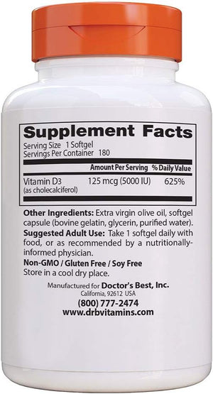 Doctor'S Best Vitamin D3, Capsule 5, 000 Iu for Healthy Bones, Teeth, Heart & Immune Support, Non-GMO, Gluten-Free, Soy Free, 720 Count (Pack of 1)