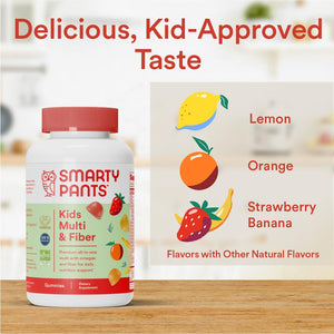 SmartyPants Kids Multivitamin & Fiber Gummies: Prebiotic Fiber to Support Kids Digestion with Vitamin D3, C, Vitamin B12, B6, A, Zinc, Biotin, Folate, Three Fruit Flavors, 90 Count (30 Day Supply)