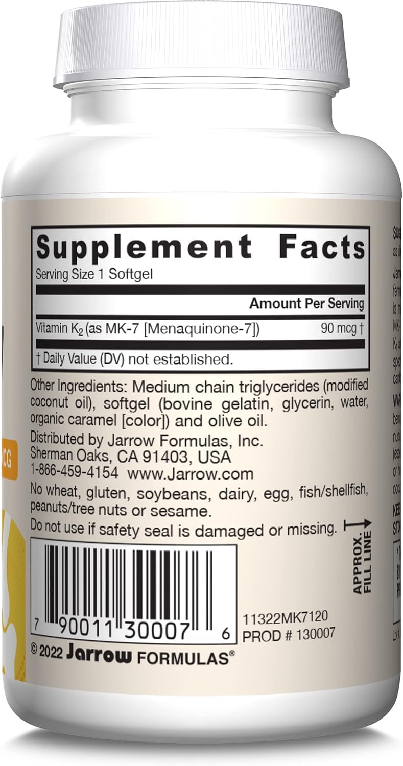 Jarrow Formulas MK-7 90 mcg - Bioactive Form of Vitamin K2-120 Servings (Softgels) - for Bone & Cardiovascular Health - Vitamin K2 MK-7 Dietary Supplement - Gluten Free