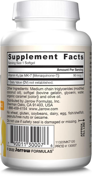 Jarrow Formulas MK-7 90 mcg - Bioactive Form of Vitamin K2-120 Servings (Softgels) - for Bone & Cardiovascular Health - Vitamin K2 MK-7 Dietary Supplement - Gluten Free