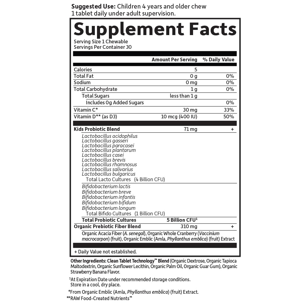 Garden of Life Dr. Formulated Probiotics Organic Kids+ plus Vitamin C & D - Berry Cherry - Gluten, Dairy & Soy Free Immune & Digestive Health Supplement, No Added Sugar, 30 Chewables (Shelf Stable)