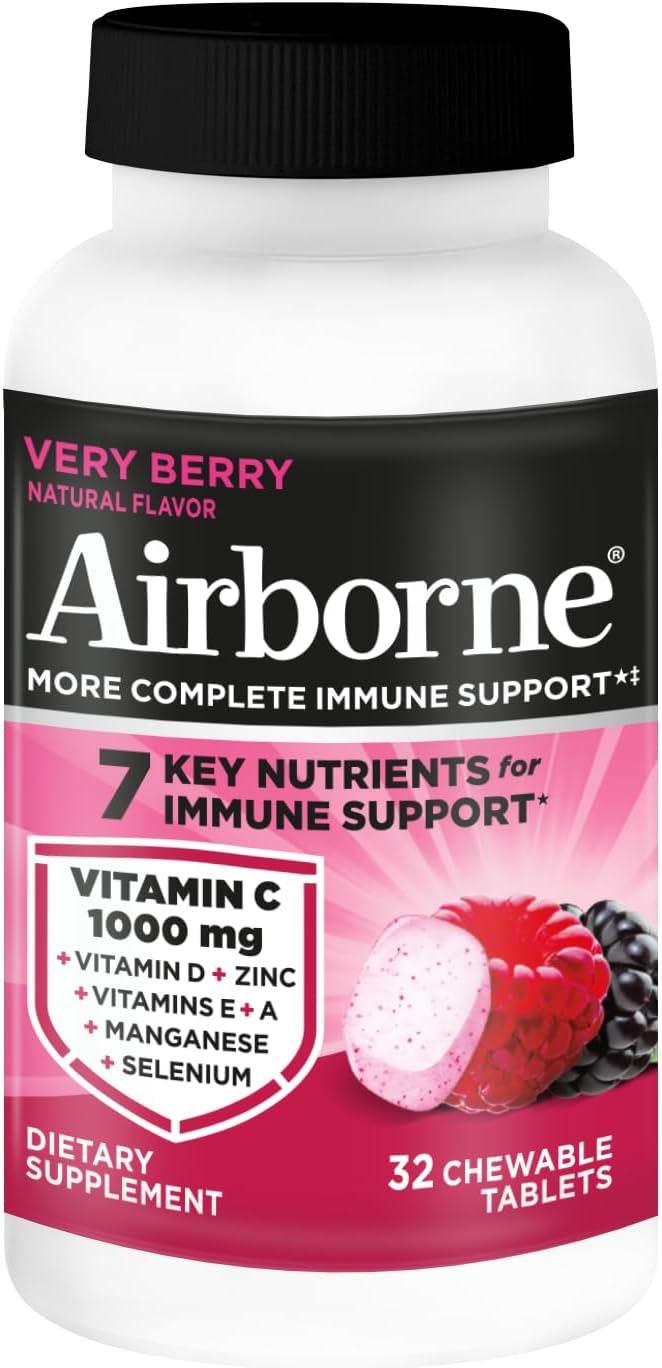 Airborne 1000mg Vitamin C Chewable Tablets With Zinc, Immune Support Supplement With Powerful Antioxidants Vitamins A C & E - 32 Chewable Tablets, Very Berry Flavor