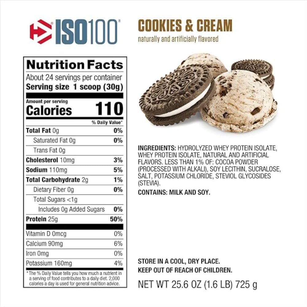 Dymatize ISO100 Hydrolyzed Protein Powder, 100% Whey Isolate Protein, 25g of Protein, 5.5g BCAAs, Gluten Free, Fast Absorbing, Easy Digesting, Cookies and Cream, 1.6 Pound