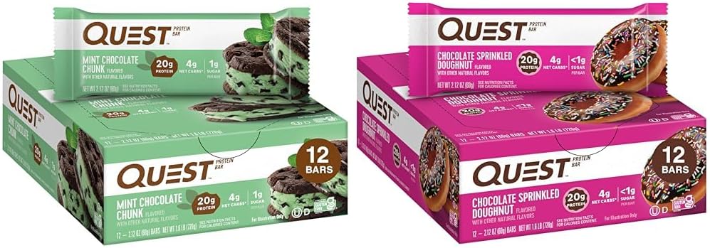 Quest Protein Bars Bundle - Mint Chocolate Chunk (12 Count) & Chocolate Sprinkled Doughnut (12 Count)