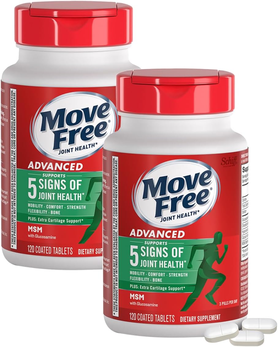 Move Free Advanced Plus MSM Coated Tablets, Joint Health Supplement with Glucosamine and Chondroitin, 120 Count, Pack of 2