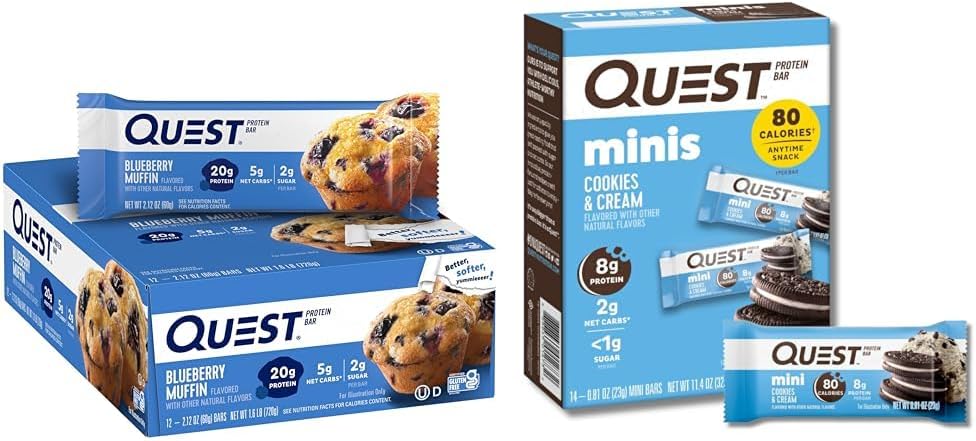 Quest Blueberry Muffin Protein Bars, 12 Count and Mini Cookies & Cream Protein Bars, 14 Count