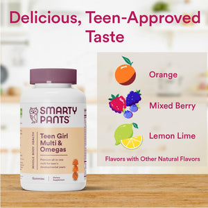 SmartyPants Teen Girl Multivitamin Gummies - Improved Formula: Omega 3 (DHA/EPA), Vitamin C, D3, B12, Vitamin A, K & Zinc, Biotin to Support Hair, Skin & Nails, Gluten Free, 60 Count (30 Day Supply)