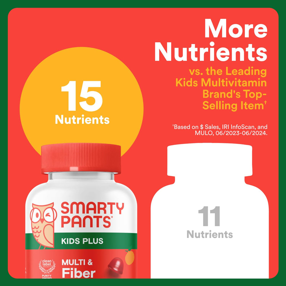 SmartyPants Kids Multivitamin & Fiber Gummies: Prebiotic Fiber to Support Kids Digestion with Vitamin D3, C, Vitamin B12, B6, A, Zinc, Biotin, Folate, Three Fruit Flavors, 90 Count (30 Day Supply)