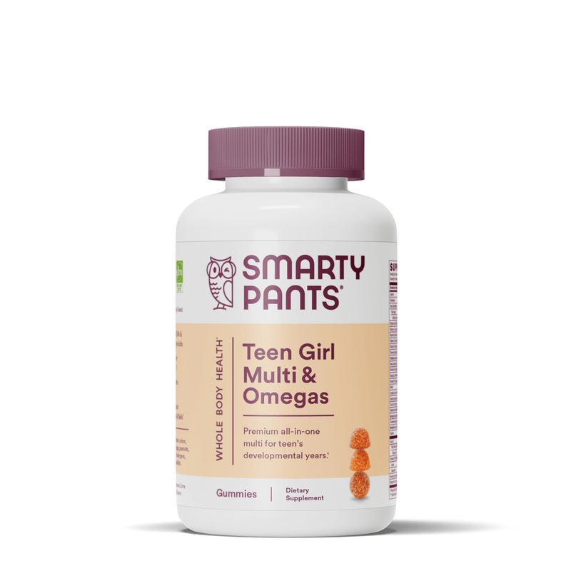 SmartyPants Teen Girl Multivitamin Gummies - Improved Formula: Omega 3 (DHA/EPA), Vitamin C, D3, B12, Vitamin A, K & Zinc, Biotin to Support Hair, Skin & Nails, Gluten Free, 60 Count (30 Day Supply)
